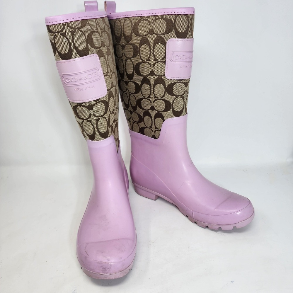Coach Pink Rain Boots 8B tan Signature Monogram Canvas